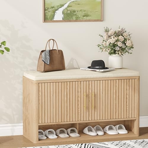 Fluted Shoe Storage Bench, Entryway Bench with Adjustable Shelves - Image 2
