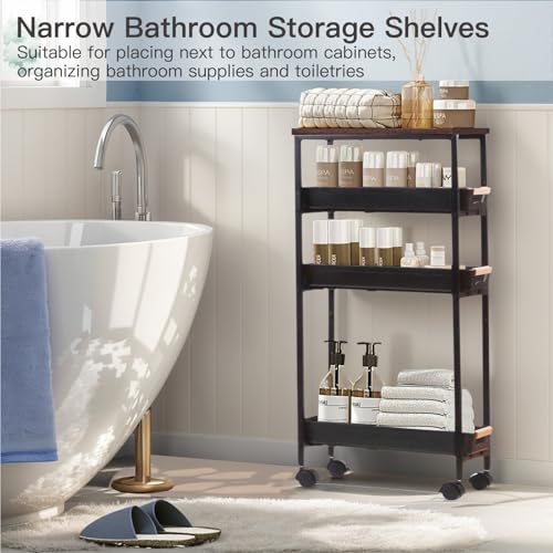 5 Tier Narrow Slim Rolling Cart Wood Top Storage Cart Black - Image 7