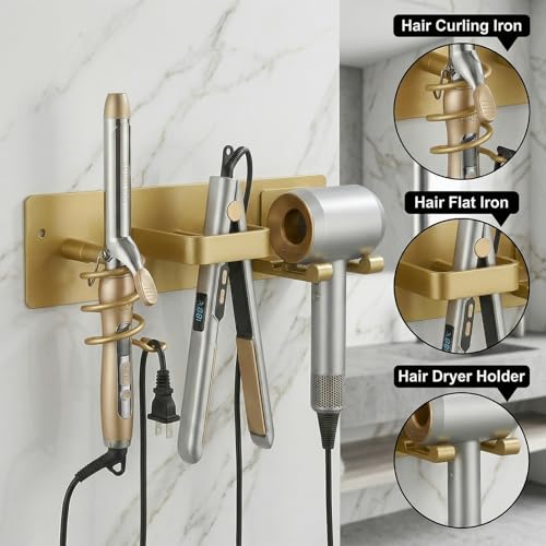 Hair Dryer Holder Hair Tool Organizer Metal Wall Mount (Gold) - Image 4