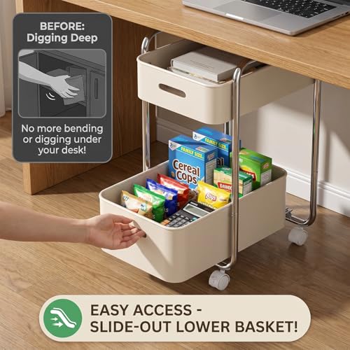 2-Tier Metal Rolling Cart Under Desk Storage Wheels Cream White - Image 5
