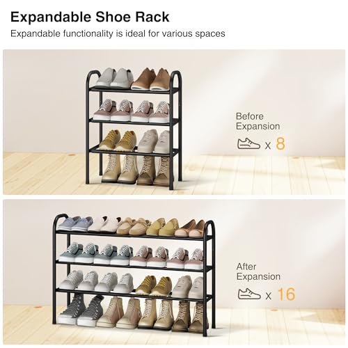 3-Tier Expandable Shoe Rack for Closet, Entryway, 16 Pairs, Black - Image 5
