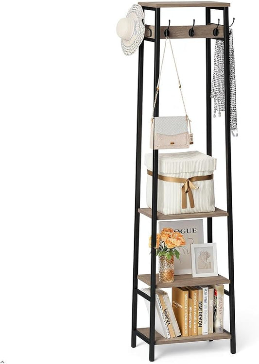 Coat Rack Freestanding, Coat Stand with 3 Shelves and 7 Hooks, Hall Tree Free Standing, Clothes Rack Stand Organizer, Industrial Style, Greige and Black