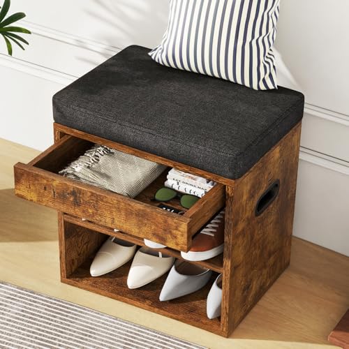 Small Shoe Storage Bench with Cushion and Drawer, Rustic Brown - Image 5