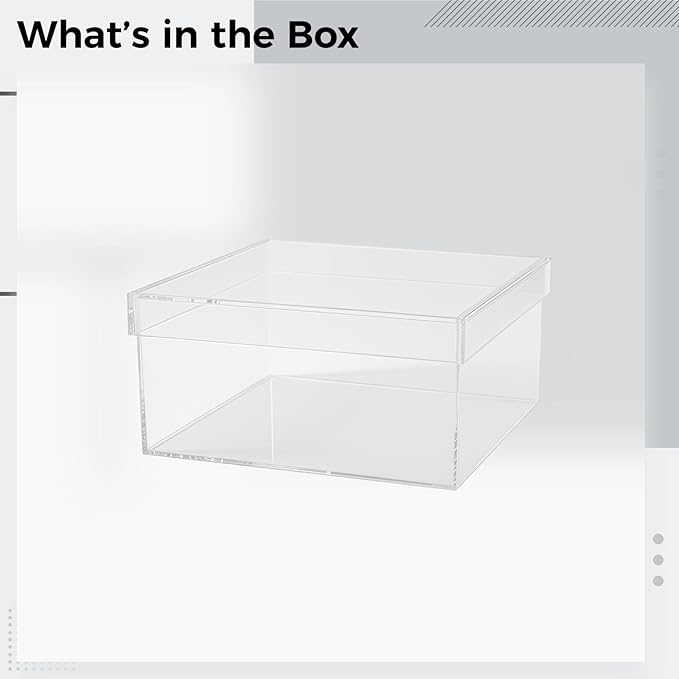Acrylic Organizer Box with Lid, Clear Storage Cube, 8.1 X 8.1 X 3.9 in / 20.5 X 20.5 X 10 Cm, Stackable Container for Craft Supplies, Makeup, and Jewelry