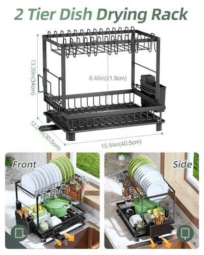 2-Tier Dish Drying Rack for Kitchen Counter, Space-Saving, Black - Image 3
