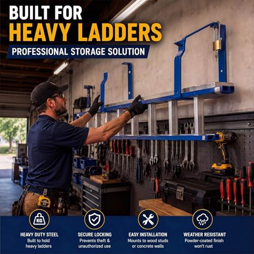 2 Pack Lockable Wall Ladder Rack with Securing Lock, Blue - Image 5