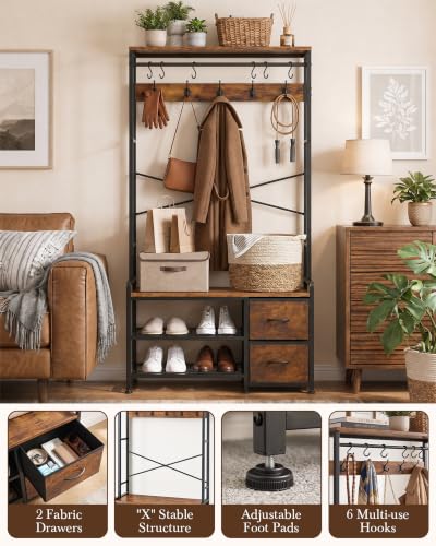 Hall Tree with Bench and Shoe Storage, Rustic Brown - Image 7