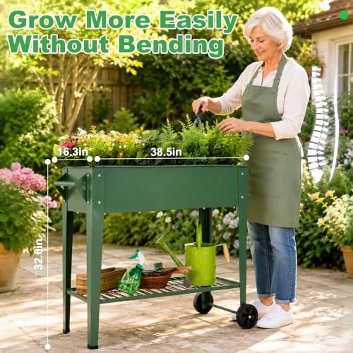 Raised Garden Bed with Legs and Wheels, Metal Outdoor, Green - Image 3