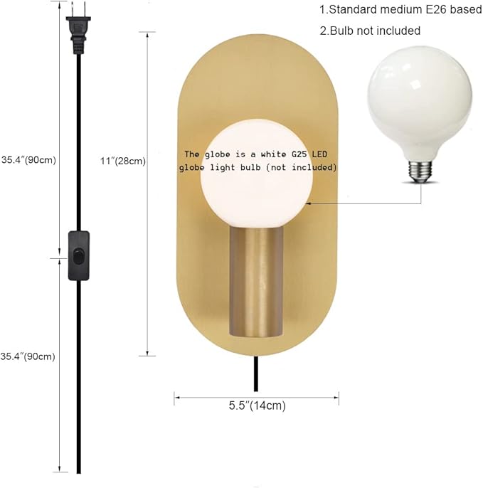 Gold Plug in Wall Sconce Set of 2, Modern Sconces Wall Lighting Cord with On Off Switch, Brushed Stainless Steel Wall Mount Light Fixture for Bedroom Living Room Bathroom