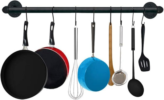 TLBTEK 20 inch Industrial Pipe Clothes Rack,Black Iron Bathroom Kitchen Towel Bar,Vintage Farmhouse DIY Wall Mounted Pot Bar Rack, Detachable Kitchen Utensils Hanger with 8 pcs S Hooks