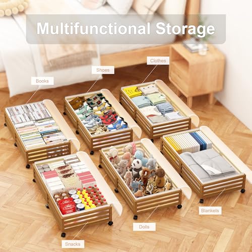Under Bed Storage with Wheels, 2 Pack Bamboo Drawers for Shoes - Image 4