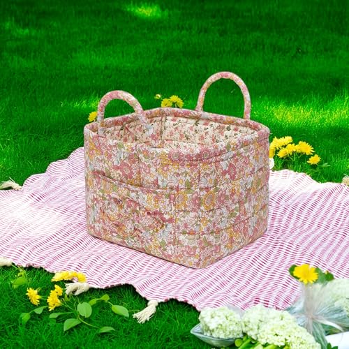 Quilted Fabric Storage Baskets with Handles, Boho Floral - Image 3