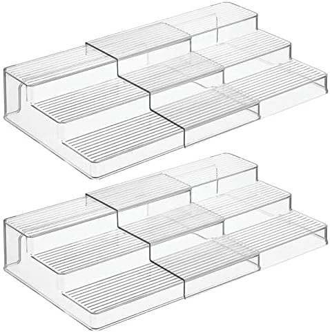 mDesign Plastic Spice/Food Kitchen Expandable Cabinet Shelf Organizer, 3 Tier Storage, Compact Caddy Rack for Cupboards, Refrigerator Holds Spices/Herb Bottles - Lumiere Collection - 2 Pack - Clear