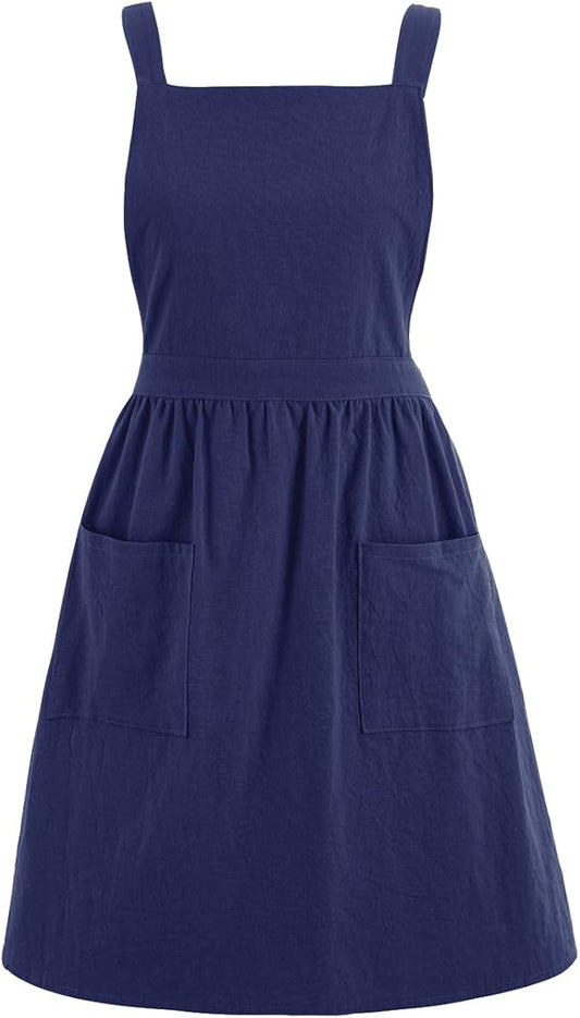 Cotton Linen Pinafore Apron Dress for Women with Pockets Cute Art Chef Aprons for Kitchen Baking Gardening Painting