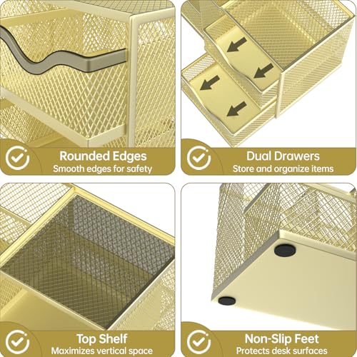 Mesh Desk Organizer with 2 Drawers, Metal Pen Holder for Desk - Image 4