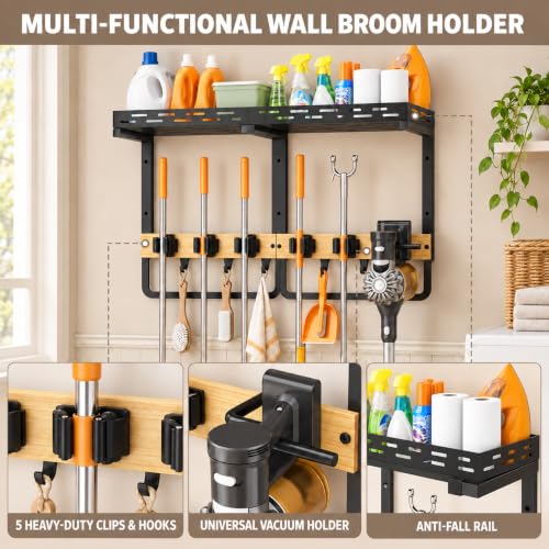 Broom and Mop Holder Wall Mount With Shelf and Vacuum Holder - Image 4