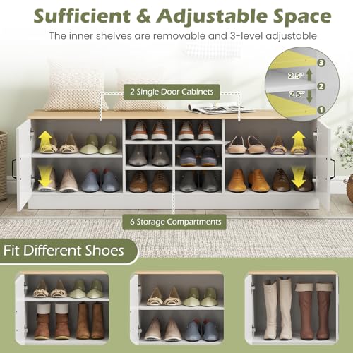 GIANTEX 2-Door Shoe Storage Bench, Wooden Entryway Bench - Image 5