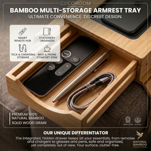Sofa Arm Tray with Drawer, Bamboo Couch Armrest Table, Natural - Image 4