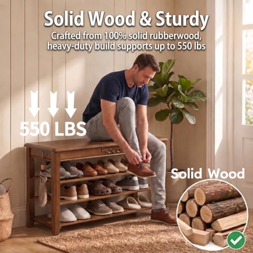 Shoe Rack Bench with Storage 3 Tier Solid Wood Entryway - Image 7