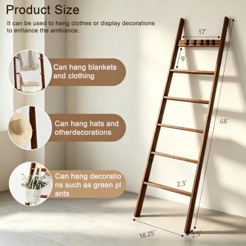 Foldable Blanket Ladder 6 Tier, 68" Solid Wood Quilt Rack - Image 5