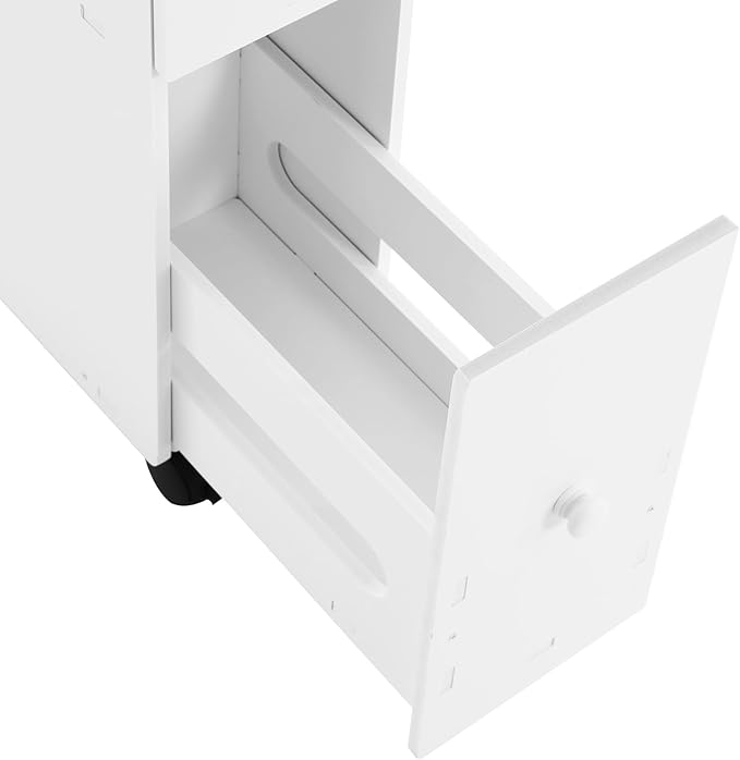 Xuthusman Slim Bathroom Floor Cabinet Toilet Storage Organizer W/Shelf Free Standing Cabinet with Slide Out 2 Drawer and Wheels White