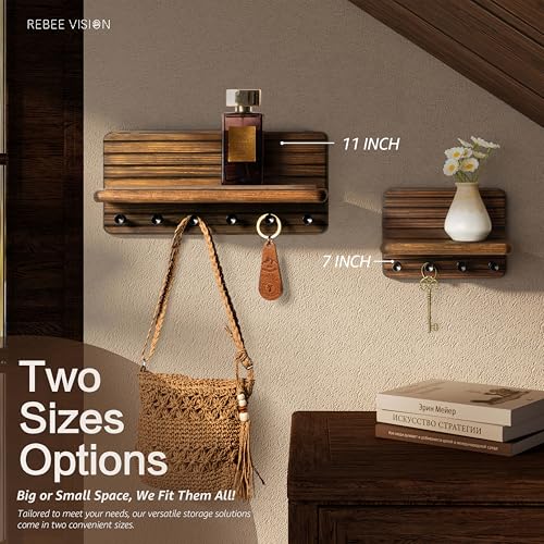 Pine Wood Key Holder Wall Mount with Shelf for Entryway, Brown - Image 5