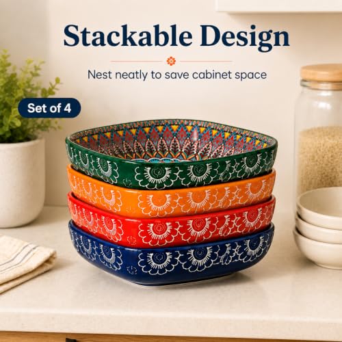 Bohemian Ceramic Bowl Set of 4, 12 oz Square Bowls - Image 7