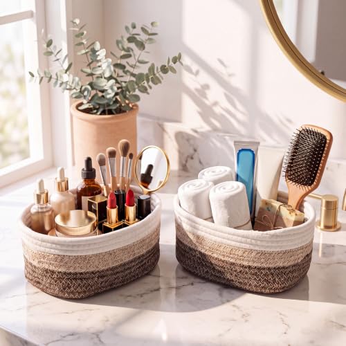 10 Pack Small Woven Baskets, Cotton Rope, White, Natural Linen - Image 6