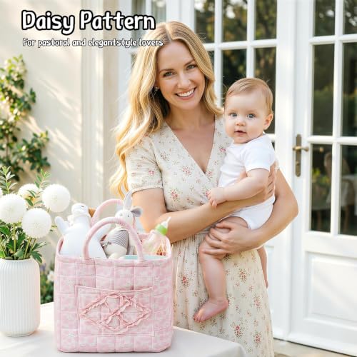 Quilted Fabric Car Storage Basket with Handles & Pocket - Image 6