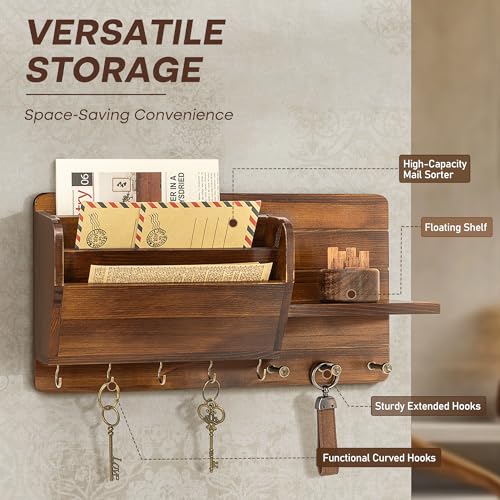 Pine Wood Key Holder Wall Mount with Mail Sorter, Light Brown - Image 7