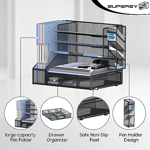 Desk Organizer with 5 Tier File Holder and Sliding Drawer Pen - Image 4