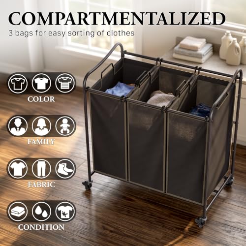 Simple Houseware Heavy Duty 3-Bag Laundry Sorter Rolling - Image 8