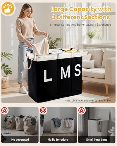 190L Laundry Hamper with Lid, Large Laundry Basket with Lid and 3 - Image 4