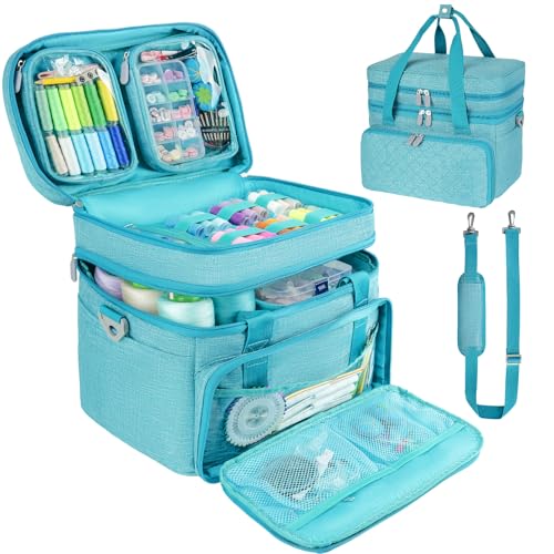 Double Layer Sewing Organizer Bag with Shoulder Strap, Blue - Image 2