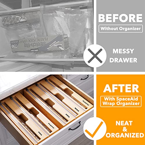 SpaceAid WrapNeat 2 in 1 Wrap Organizer with Cutter and Labels, Plastic Wrap, Aluminum Foil and Wax Bamboo Dispenser for Kitchen Storage Organization Holder for 12" Roll (Natural) - Image 3