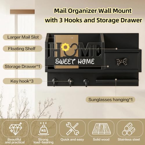 Key Holder Wall Mount with 3 Hooks and Storage Drawer - Image 5