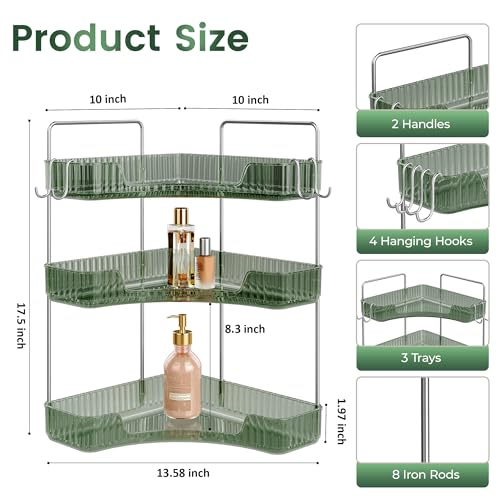 3-Tier Green Corner Organizer, PET Counter Storage with Hooks - Image 3