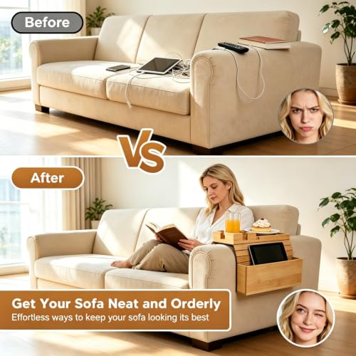 Bamboo Sofa Armrest Tray with Storage Pocket - Image 6