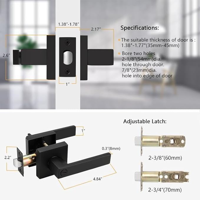 Probrico 8 Pack| Square Privacy Door Levers Locksets in Matte Black Finish, Bed/Bath Door Levers Keyless Interior Handles,Reversible for Left Right Handed Doors