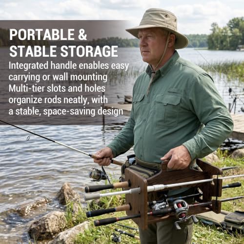 MyGift Rustic Wood Fishing Rod Rack, Portable Wall Mount - Image 6