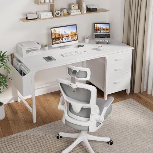 Lufeiya White Computer Desk with Fabric File Drawers Cabinet, 55 - Image 3
