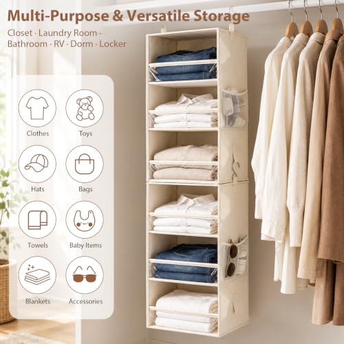 6 Shelf Hanging Closet Organizer, 2 Separable 3 Shelf Units Beige - Image 6