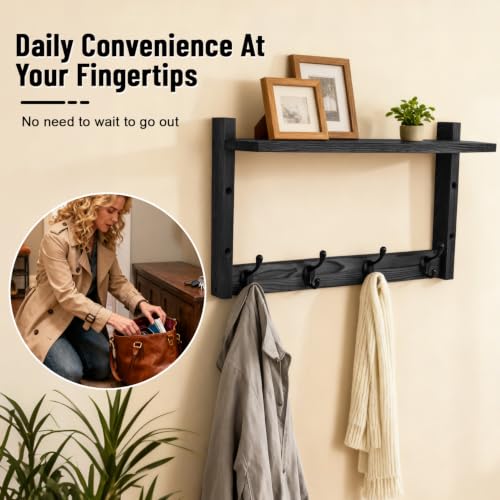 28" Coat Rack Wall Mount with Shelf with 7 Hooks 3 Key Hanger - Image 6
