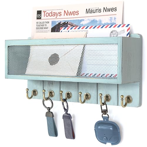Key Holder Wall Mount with Mail Basket for Home Decor, Blue - Image 2