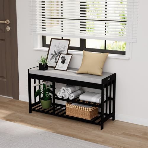Bamboo Shoe Storage Bench with Cushioned Seat 3-Tier - Image 6
