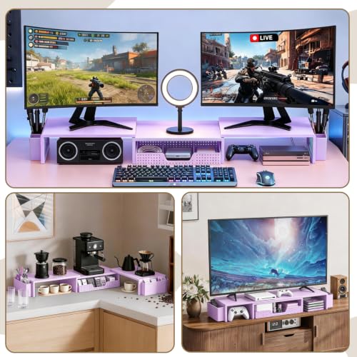 Dual Monitor Stand Riser with Drawer and 2 Pen Holders, Purple - Image 6