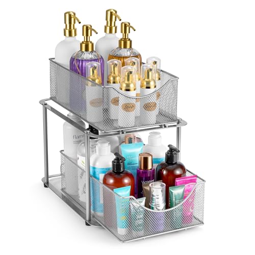 Sorbus Pull-Out Under Sink Organizer, Mesh Construction (Silver - Image 2