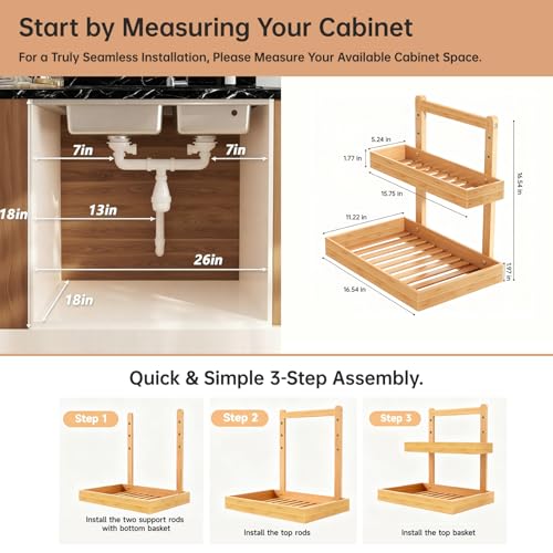 2-Tier Under Sink Pull Out Organizer, Bamboo Cabinet Storage - Image 6