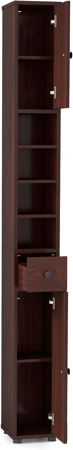 GOFLAME 71” Tall Bathroom Storage Cabinet, Narrow Freestanding Organizer with 1 Drawer, 2 Doors & 5 Open Shelves, Slim Bathroom Cabinet for Small Space, 8" x 8" x 71", Brown