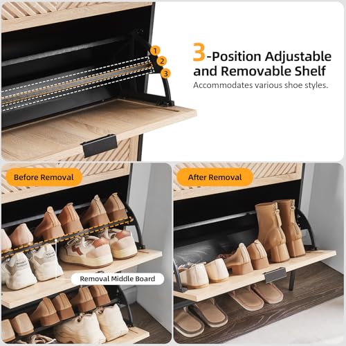 Shoe Cabinet with 2 Flip Drawers, Narrow Entryway Rack, Oak&Black - Image 5